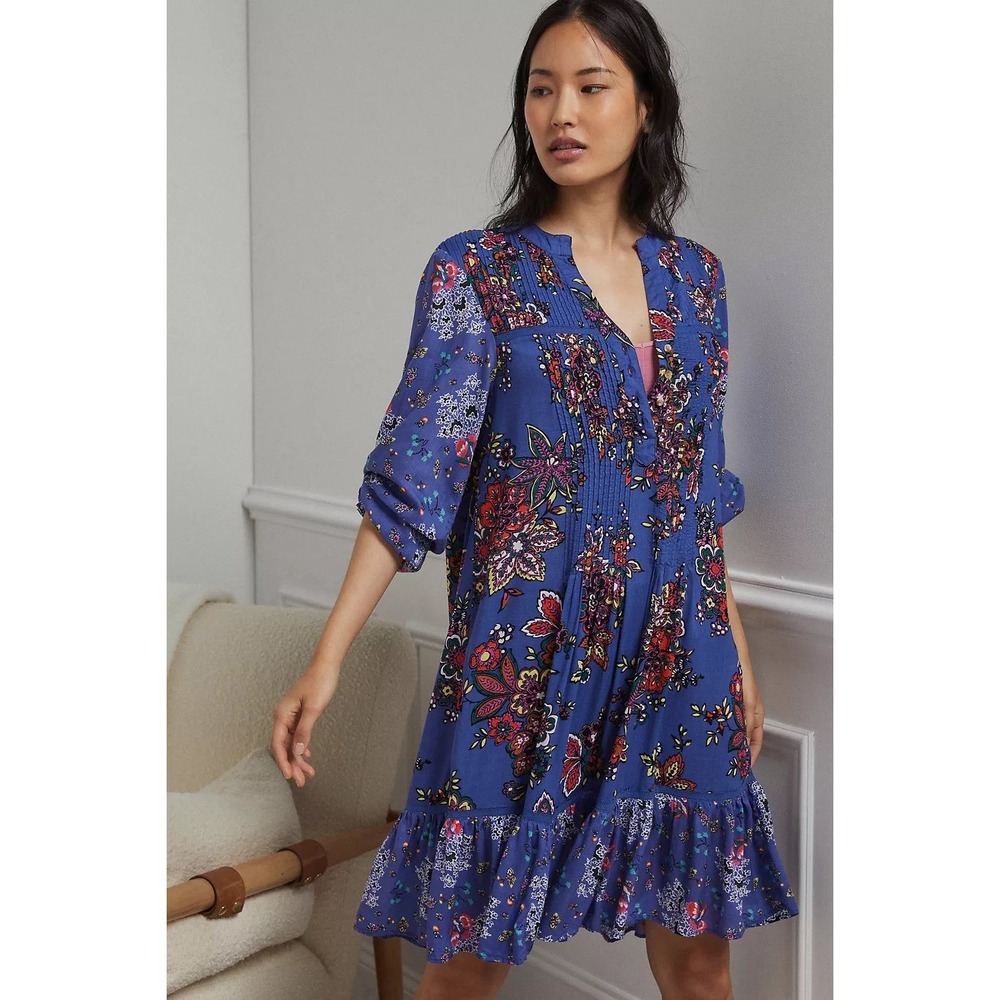 Anthropologie‎ Diana Blue Floral Pintuck Ruffle Hem Boho Tunic Dress XS (H598)